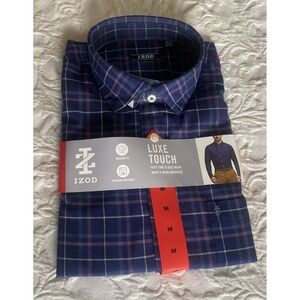 IZOD Men's Modern Fit Luxe Touch Twill Button Down Shirt M Dark Blue Plaid New